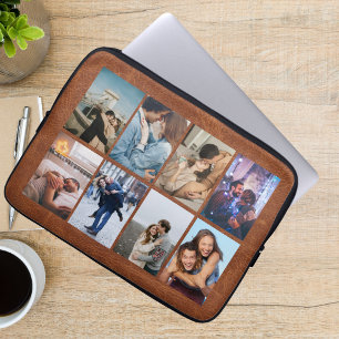 Capa Para Notebook Colagem Personalizada de 8 Fotos em Couro Marrom M