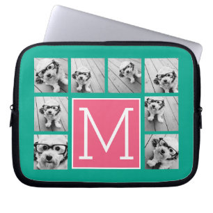 Capa Para Notebook Colar de Fotos Monograma em Verde Turquesa e Rosa