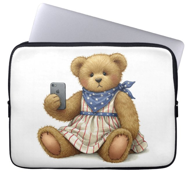 Capa Para Notebook Coleção Branca. Urso de Teddy com um iPhone de Na (Frente)