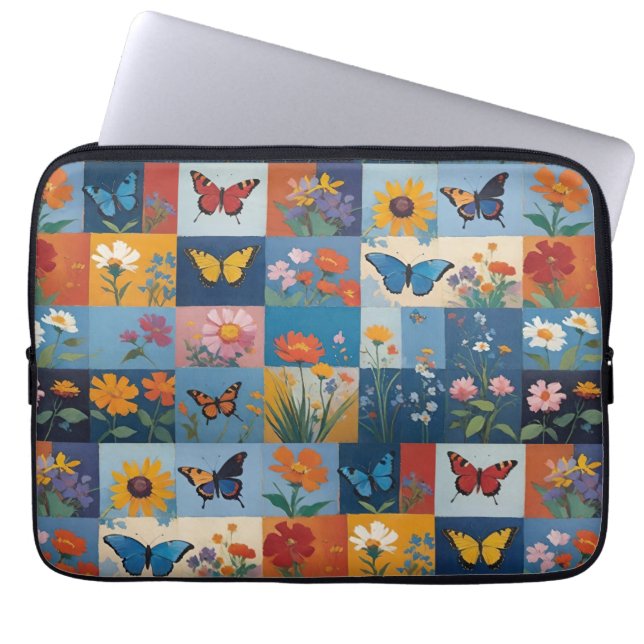 Capa Para Notebook Colorful Butterflies And Wildflowers Patchwork (Frente)