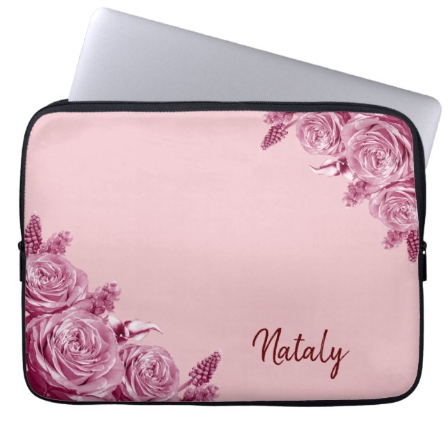 Capa Para Notebook Composição de flores rosa com nome (Frente)