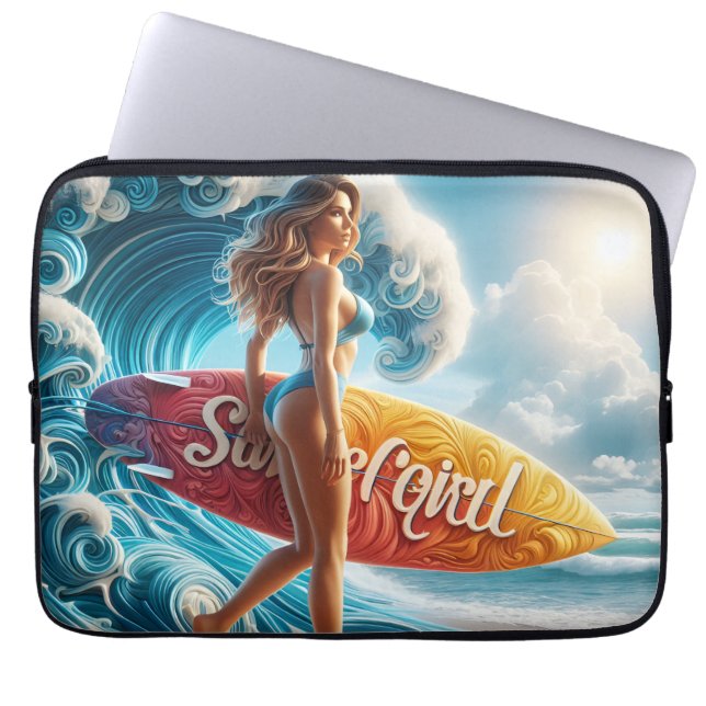 Capa Para Notebook Confident Surfer Girl Walking Beach Waves Art (Frente)