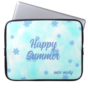 Capa Para Notebook cor d'água retro azul, pintado à mão floral