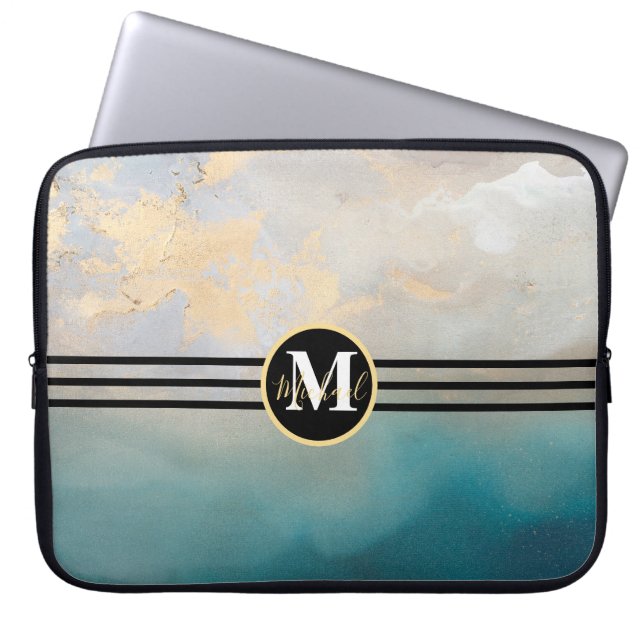 Capa Para Notebook Cor de água Dourada e turquesa monogramada (Frente)