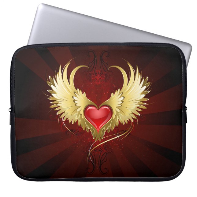 Capa Para Notebook Coração Vermelho com Asas Ouros (Frente)