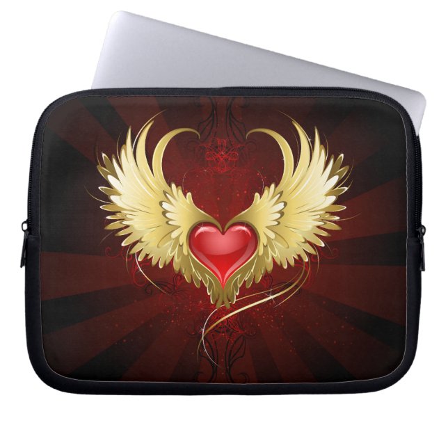 Capa Para Notebook Coração Vermelho com Asas Ouros (Frente)