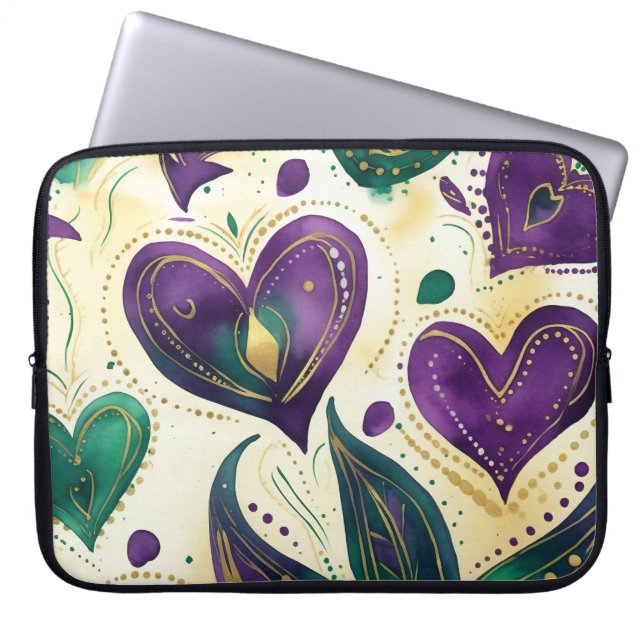 CAPA PARA NOTEBOOK CORAÇÕES DOURADAS DE GRAS MARDI VERDE PURPAS (Frente)