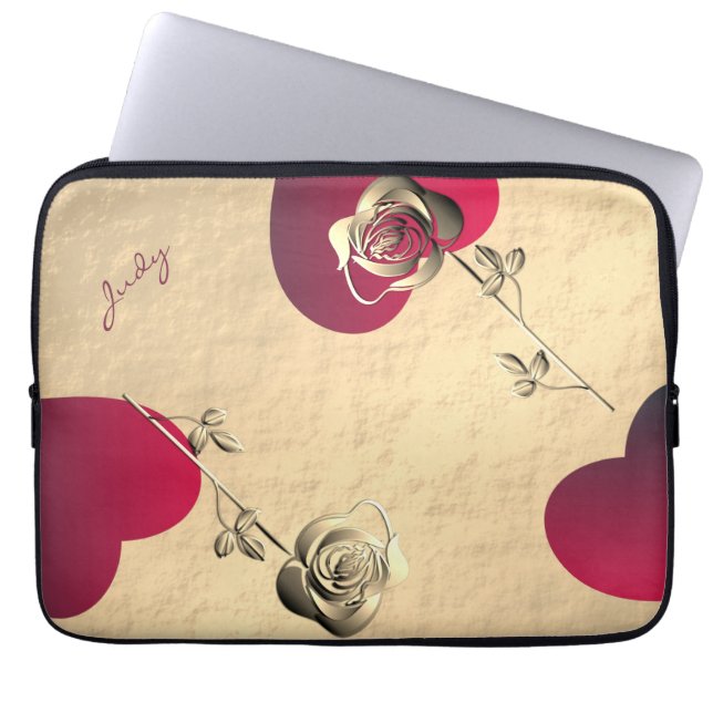 Capa Para Notebook Corações e Rosas na barra de Eletrônicos Dourados  (Frente)