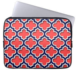 Capa Para Notebook Coral Vermelho, Marinho Branco Quatrefoil Marroqui