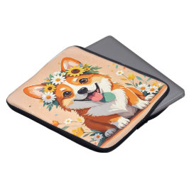 Capa Para Notebook Coroa animada de cão-corgi de margarida e girassói