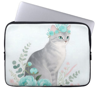 Capa Para Notebook Coroa Floral Gato Cinza