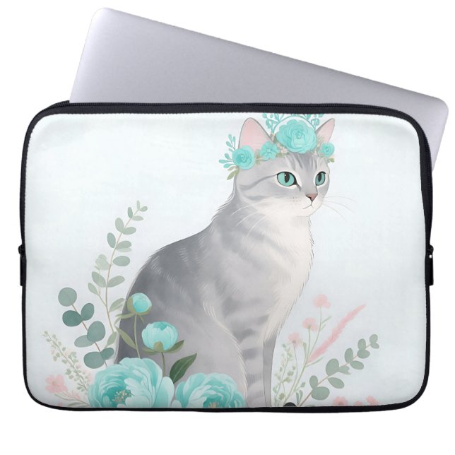 Capa Para Notebook Coroa Floral Gato Cinza (Frente)