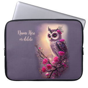 Capa Para Notebook Coruja Roxa e Flores Rosa