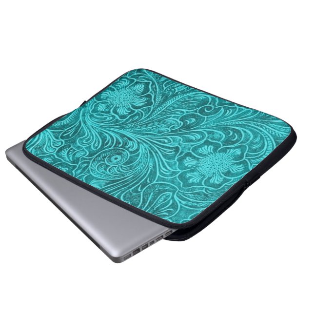 Capa Para Notebook Couro De Turquesa Elegante Parece Flores Embrionad (Frente Inferior)
