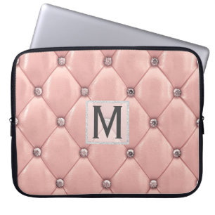 Capa Para Notebook Couro Negra Dourada Girly Rosa Diamantes Monograma