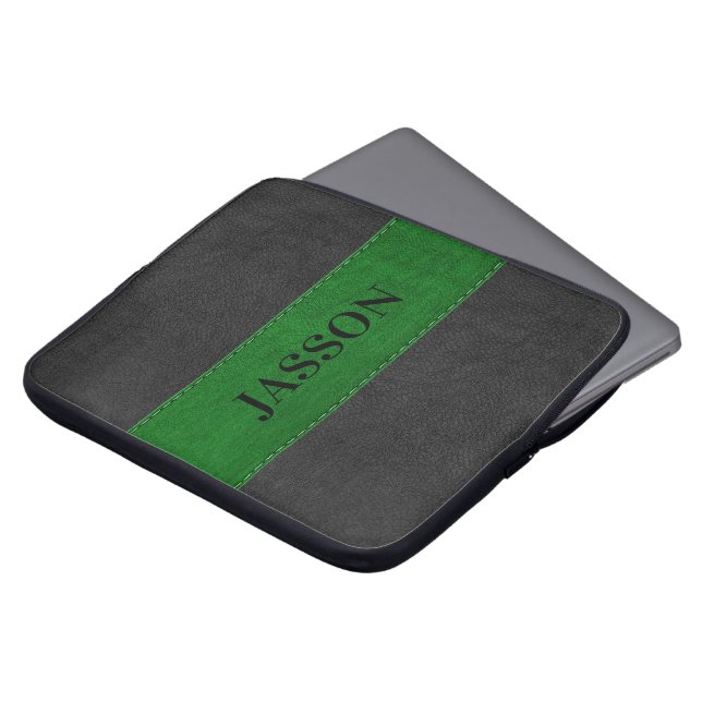 Capa Para Notebook Couro Negra Masculina E Folha Verde (Frente Topo)