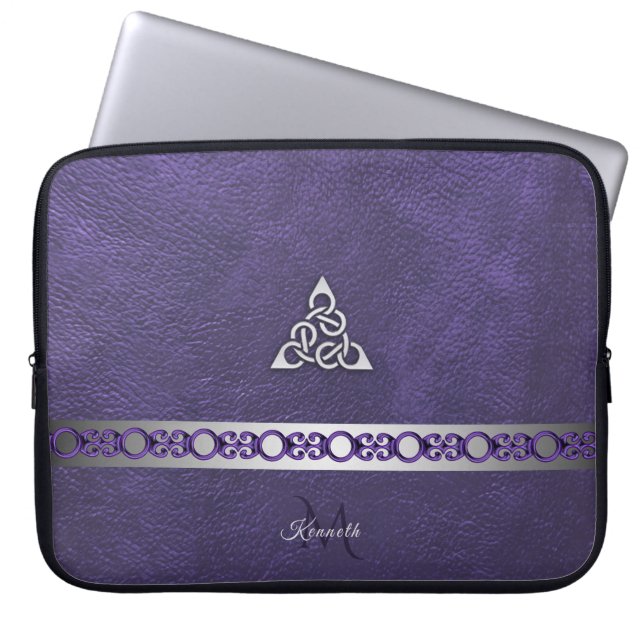Capa Para Notebook Couro roxo com monograma celta de prata do nó (Frente)