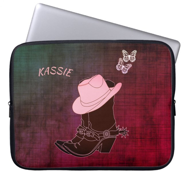 Capa Para Notebook Cowgirl Boots Hat Butterfly Burgundy Personalizado (Frente)