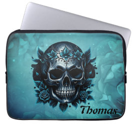 Capa Para Notebook Crânio azul escuro com rosas.