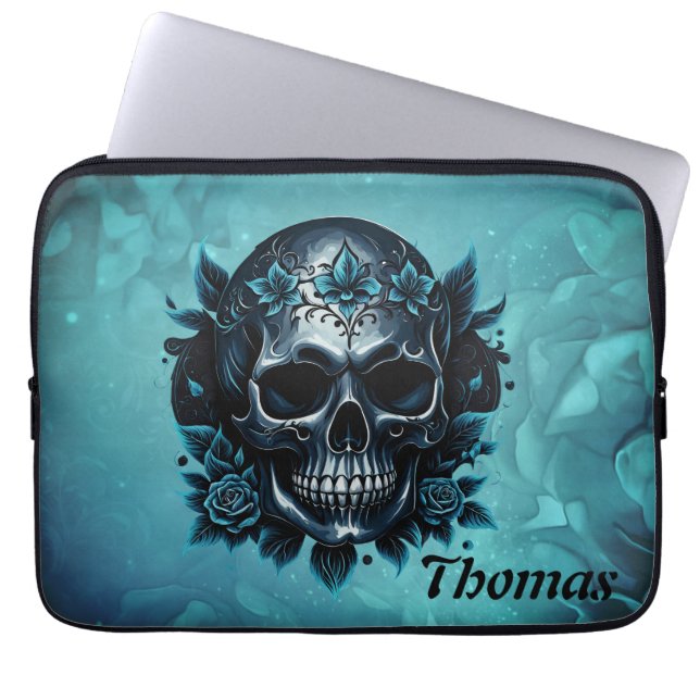 Capa Para Notebook Crânio azul escuro com rosas. (Frente)
