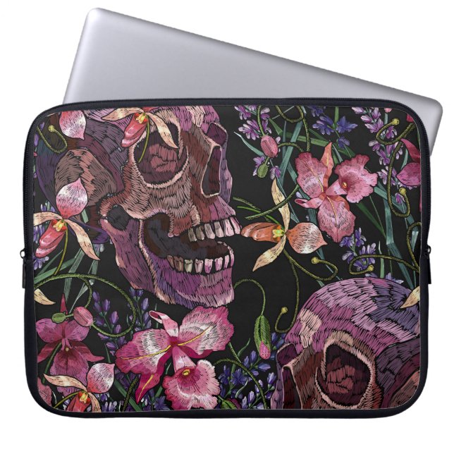 Capa Para Notebook Crânio bordado: Padrão Orquídeo Gótico (Frente)