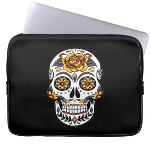 Capa Para Notebook Crânio de Rosa Amarelo em Preto
