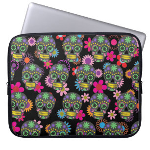 Capa Para Notebook Crânio e Flores de Açúcar Louco Padrão Preto