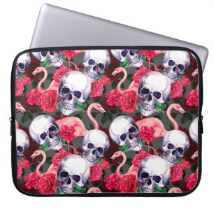 Capa Para Notebook Crânio humano com flamingo e flores rosas vermelh
