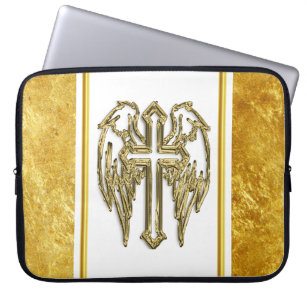 Capa Para Notebook Cruz com asas e design de folha branca e dourada