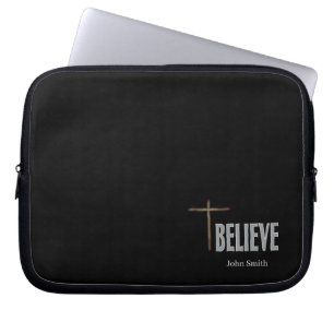 Capa Para Notebook Cruz Cristã Believe Nome Personalizado Preto