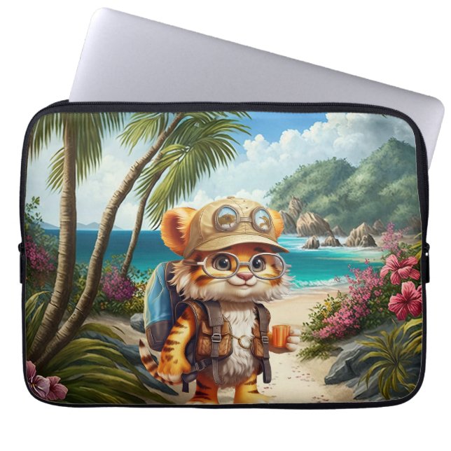 Capa Para Notebook Cubo Joyful Tiger com mochila e café (Frente)