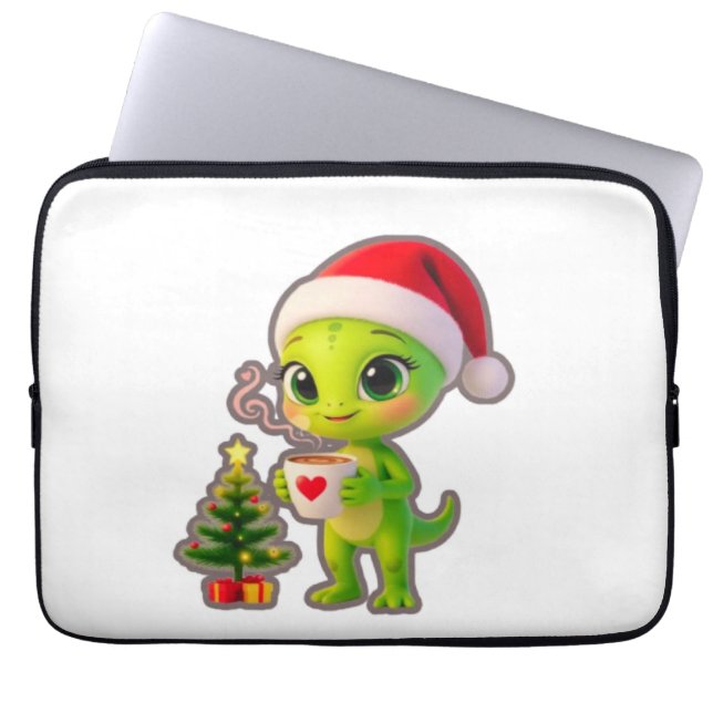 Capa Para Notebook **Cute 3D Green Alien in Santa Hat with Hot Chocol (Frente)