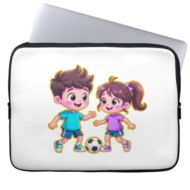 Capa Para Notebook Cute Cartoon Boy and Girl Playing Soccer Together  (Frente)
