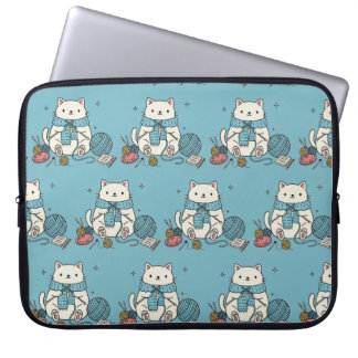 Capa Para Notebook Cute Kitten Knitting Blue Pattern Tech Accessory