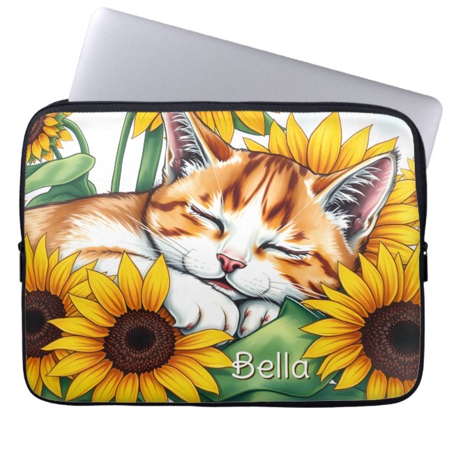 Capa Para Notebook Cute Napping Kitten and Sunflowers Personalized (Frente)