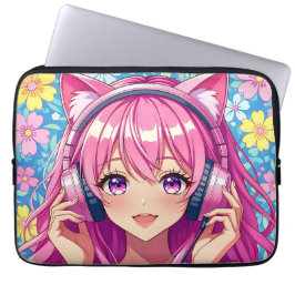 Capa Para Notebook Cute Pink Anime Girl with Headphones