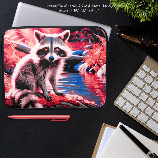 Capa Para Notebook Cute Red Sparkle Forest Crítica-Kissed Raccoon 15" (Cute, little crimson-kissed raccoon in the red light forest by a stream laptop sleeves)