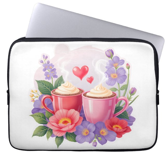 Capa Para Notebook Cute Valentine Cocoa Mugs with Flowers & Hearts (Frente)