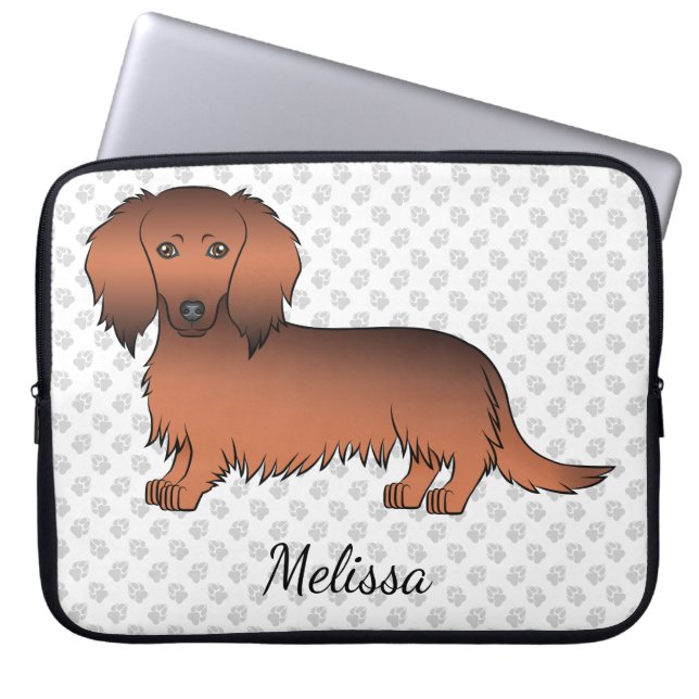 Capa Para Notebook Dachshund Cartoon Cão de Pelo Longo Sable Vermelho (Frente)
