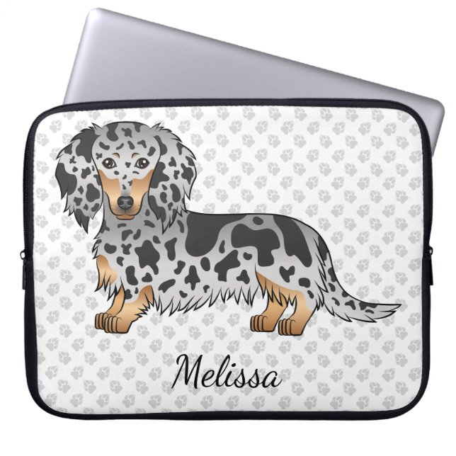 Capa Para Notebook Dachshund de Cabelo Longo e Cor de Dapple Preto e  (Frente)