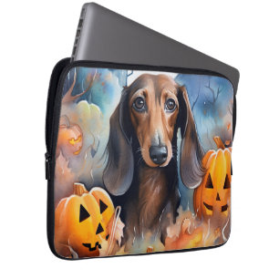 Capa Para Notebook Dachshund Halloween Com Pumpkins Assustado