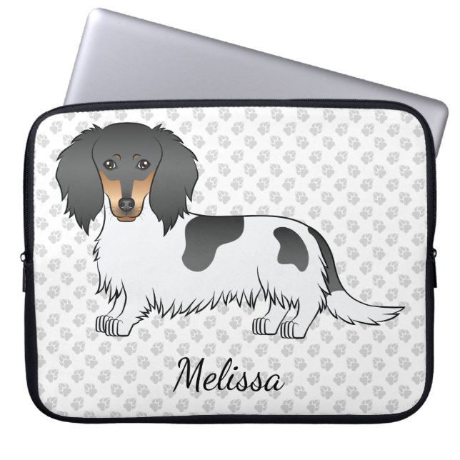 Capa Para Notebook Dachshund Longo de Pelo Preto e Marrom Piebald & N (Frente)