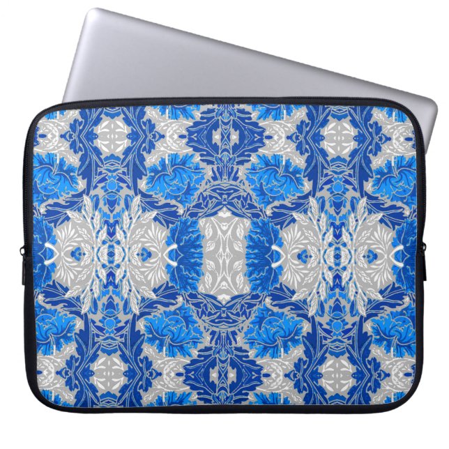 Capa Para Notebook Damasco Floral, Azul Sapphire e Cinzas (Frente)