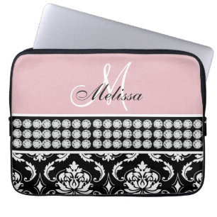 Capa Para Notebook Damasco preto Monogrammed rosa impresso dos