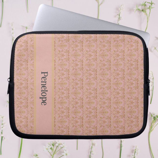 Capa Para Notebook Damasco rosa e Dourado personalizado (Elegant pink and gold personalized laptop sleeve)
