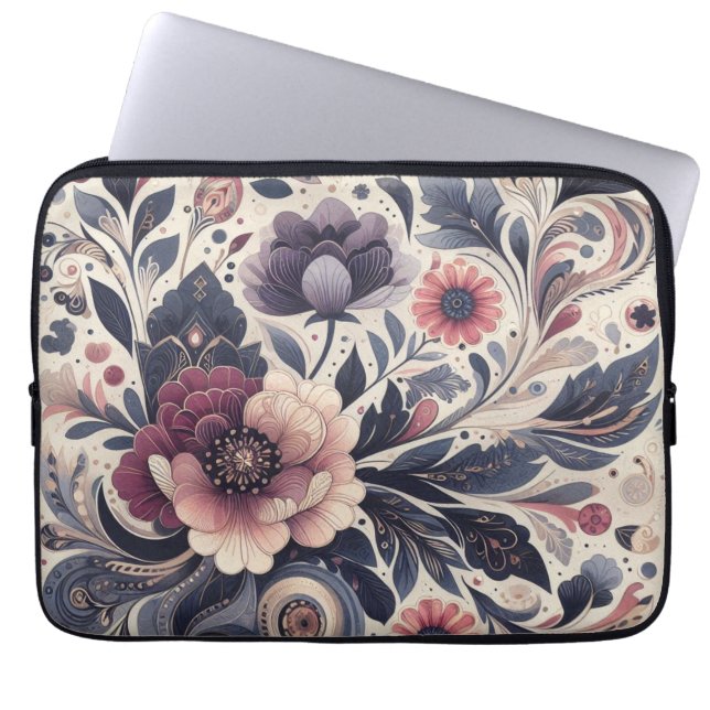 Capa Para Notebook Dark Romance Burgundy Art Deco Floral Summer (Frente)