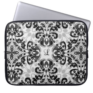 Capa Para Notebook Decor de damasco vitoriano preto e cinza de 15 pol