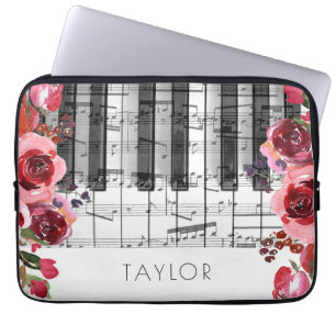 Capa Para Notebook Decoração vermelha das flores rosa para o Piano 