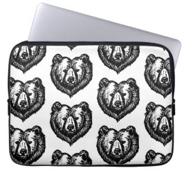 Capa Para Notebook Desenho a Tinta da Cara de Urso Preto e Branco