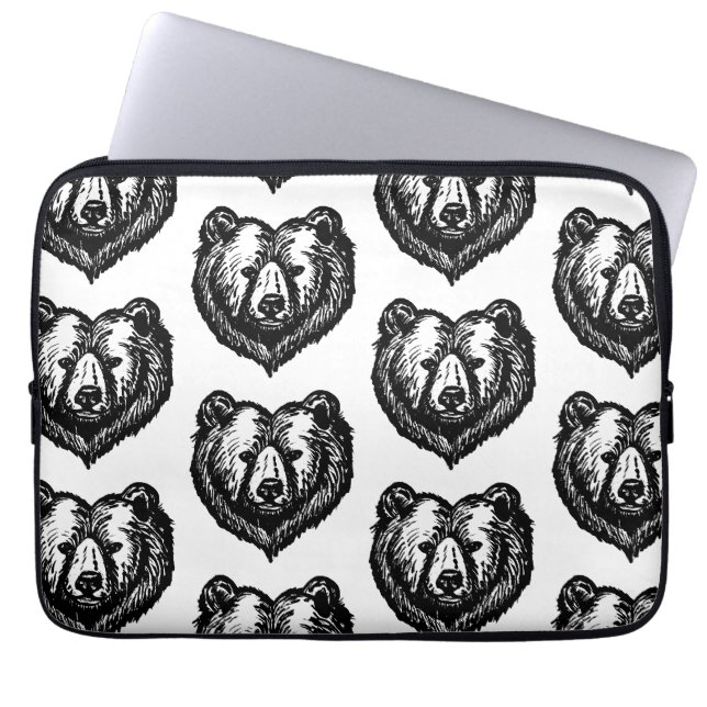 Capa Para Notebook Desenho a Tinta da Cara de Urso Preto e Branco (Frente)